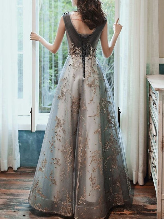 Prom Dress A Line Sleeveless Floor Length Jewel Neck Lace Appliqued Formal Occasion Dresses
