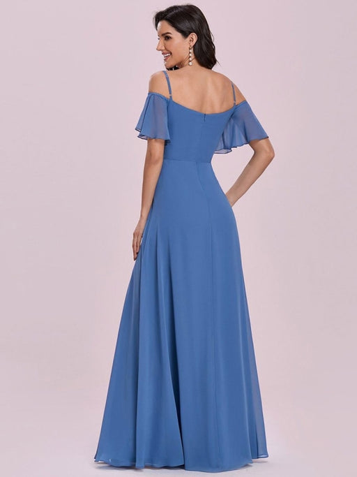 Prom Dress Blue Grey A-Line Off The Shoulder Sleeveless Split Front Chiffon Evening Dress