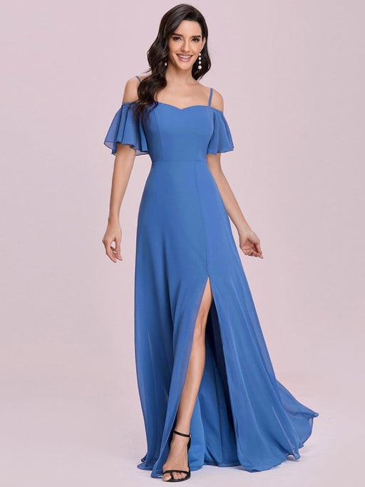 Prom Dress Blue Grey A-Line Off The Shoulder Sleeveless Split Front Chiffon Evening Dress