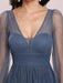 Prom Dress Blue Grey Tulle V-Neck A-Line Long Sleeves Floor-Length Pageant Dresses