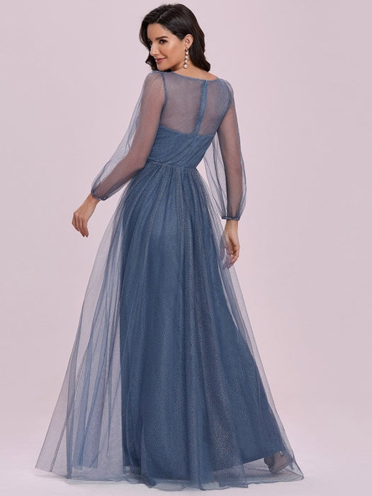 Prom Dress Blue Grey Tulle V-Neck A-Line Long Sleeves Floor-Length Pageant Dresses