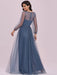 Prom Dress Blue Grey Tulle V-Neck A-Line Long Sleeves Floor-Length Pageant Dresses