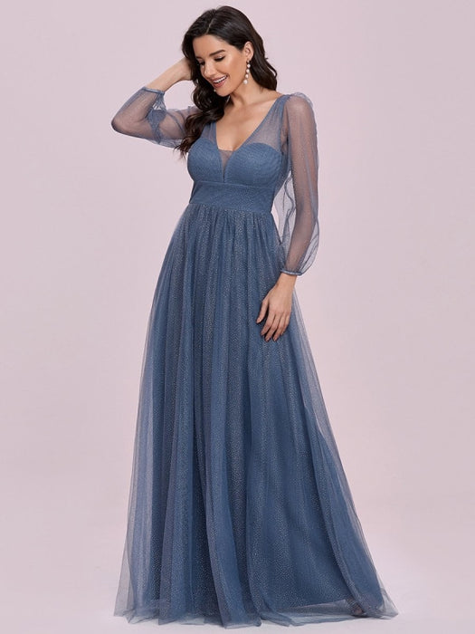 Prom Dress Blue Grey Tulle V-Neck A-Line Long Sleeves Floor-Length Pageant Dresses