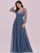 Prom Dress Blue Grey Tulle V-Neck A-Line Long Sleeves Floor-Length Pageant Dresses