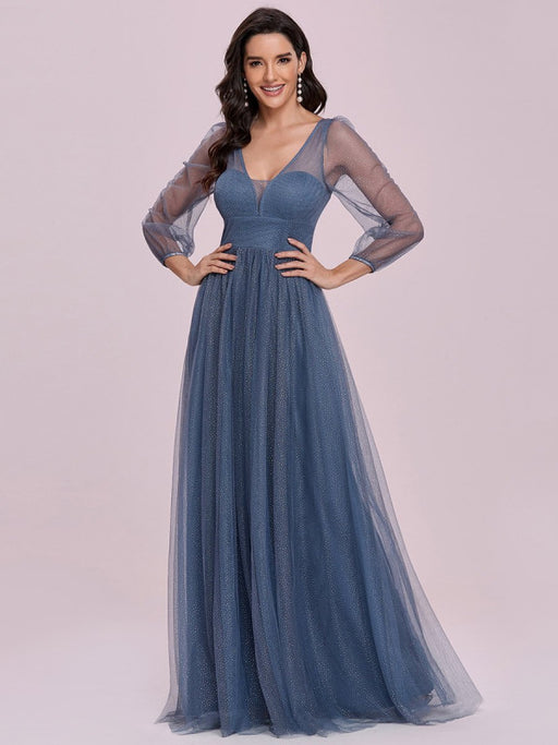 Prom Dress Blue Grey Tulle V-Neck A-Line Long Sleeves Floor-Length Pageant Dresses