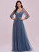 Prom Dress Blue Grey Tulle V-Neck A-Line Long Sleeves Floor-Length Pageant Dresses