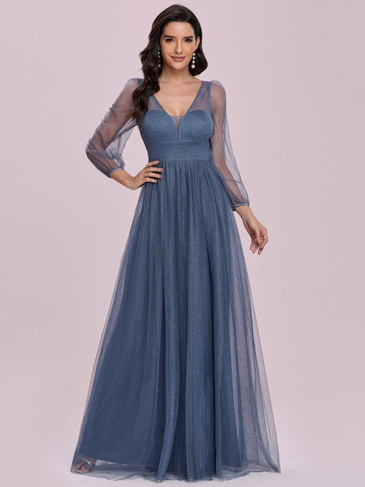 Prom Dress Blue Grey Tulle V-Neck A-Line Long Sleeves Floor-Length Pageant Dresses