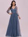Prom Dress Blue Grey Tulle V-Neck A-Line Long Sleeves Floor-Length Pageant Dresses