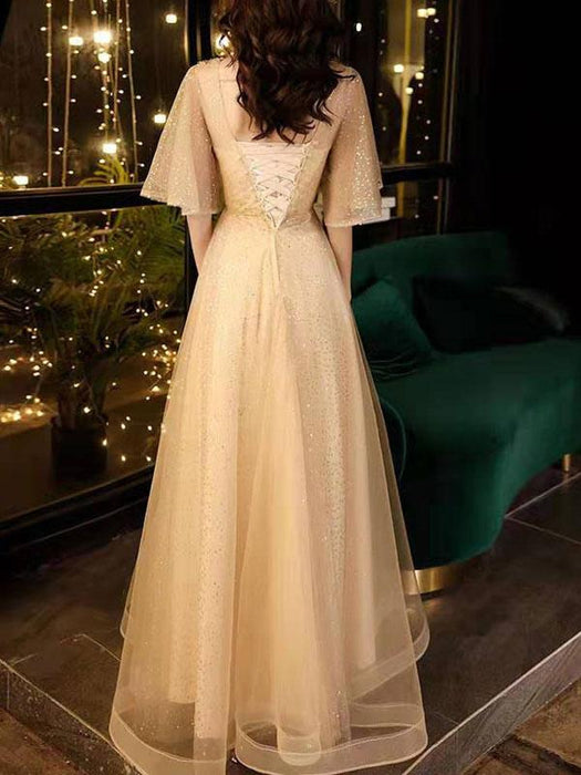 Prom Dress Champagne A-Line V-Neck Tulle Half Sleeves Beaded Maxi Party Dresses
