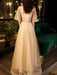 Prom Dress Champagne A-Line V-Neck Tulle Half Sleeves Beaded Maxi Party Dresses