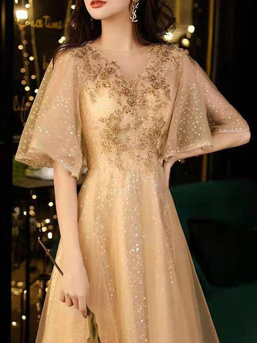 Prom Dress Champagne A-Line V-Neck Tulle Half Sleeves Beaded Maxi Party Dresses