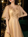 Prom Dress Champagne A-Line V-Neck Tulle Half Sleeves Beaded Maxi Party Dresses