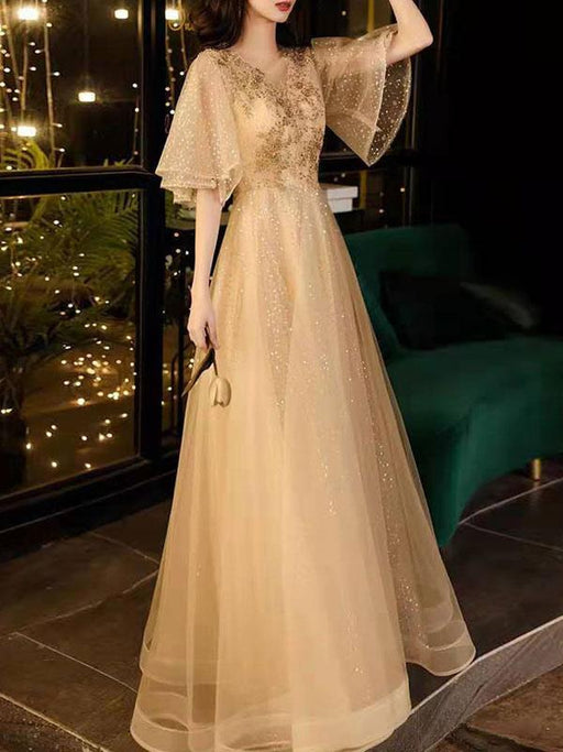 Prom Dress Champagne A-Line V-Neck Tulle Half Sleeves Beaded Maxi Party Dresses