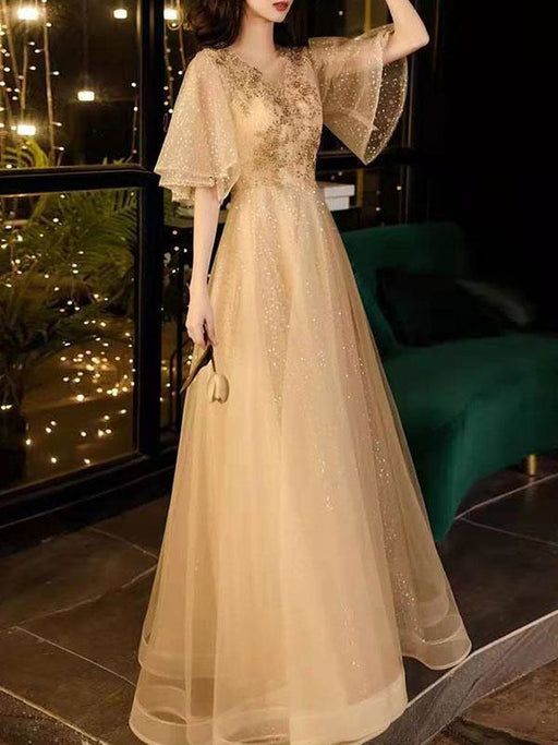 Prom Dress Champagne A-Line V-Neck Tulle Half Sleeves Beaded Maxi Party Dresses