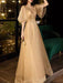 Prom Dress Champagne A-Line V-Neck Tulle Half Sleeves Beaded Maxi Party Dresses