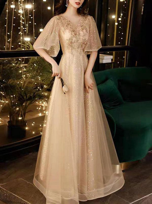 Prom Dress Champagne A-Line V-Neck Tulle Half Sleeves Beaded Maxi Party Dresses