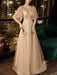 Prom Dress Champagne A-Line V-Neck Tulle Half Sleeves Beaded Maxi Party Dresses