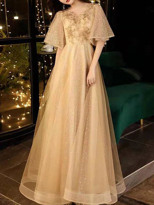 Prom Dress Champagne A-Line V-Neck Tulle Half Sleeves Beaded Maxi Party Dresses