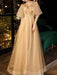 Prom Dress Champagne A-Line V-Neck Tulle Half Sleeves Beaded Maxi Party Dresses