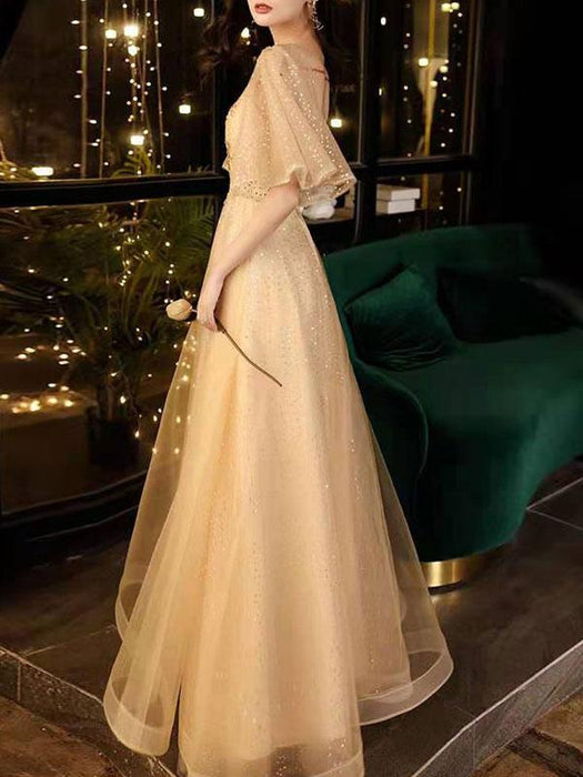 Prom Dress Champagne A-Line V-Neck Tulle Half Sleeves Beaded Maxi Party Dresses