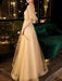 Prom Dress Champagne A-Line V-Neck Tulle Half Sleeves Beaded Maxi Party Dresses