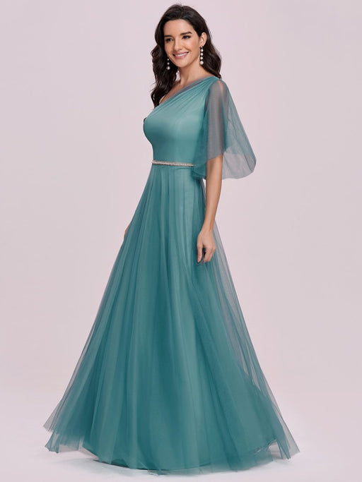 Prom Dress Cyan Blue Polyester One-Shoulder A-Line Sleeveless Backless Maxi Party Dresses