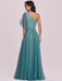 Prom Dress Cyan Blue Polyester One-Shoulder A-Line Sleeveless Backless Maxi Party Dresses