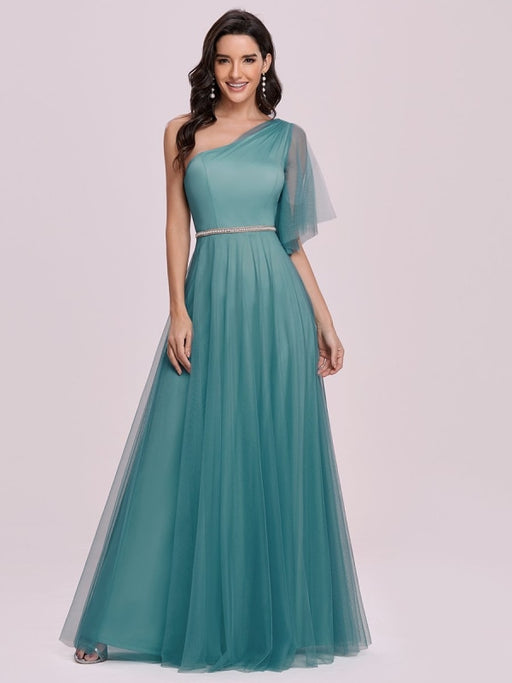 Prom Dress Cyan Blue Polyester One-Shoulder A-Line Sleeveless Backless Maxi Party Dresses