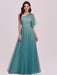 Prom Dress Cyan Blue Polyester One-Shoulder A-Line Sleeveless Backless Maxi Party Dresses
