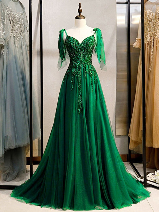 Prom Dress Deep Green Lace V-Neck A-Line Sleeveless Beaded Lace-up Maxi Party Dresses