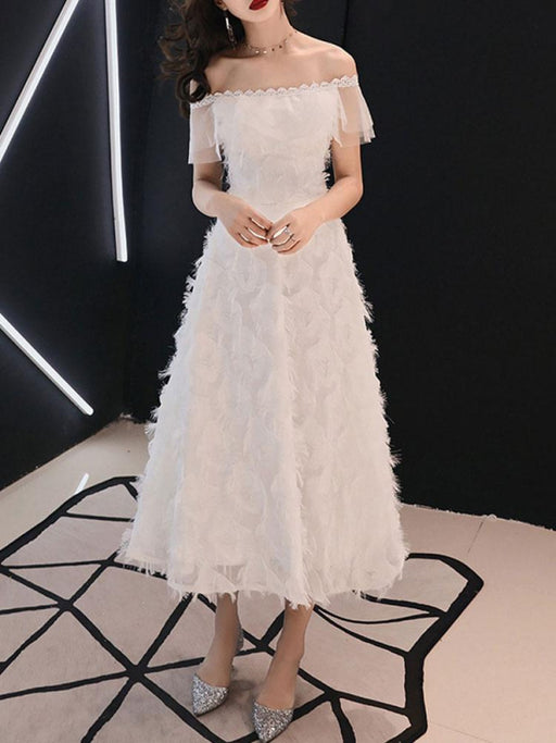 Prom Dress Eric White Lace Off The Shoulder A-Line Sleeveless Applique Lace Party Dresses