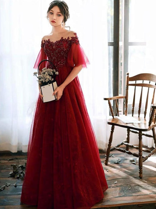Prom Dress Illusion Neckline A Line Half Sleeves Lace Floor Length Tulle Party Dresses