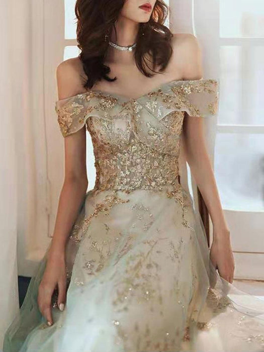 Prom Dress Mint Green Off The Shoulder A-Line Short Sleeves-Bridelily Prom Dress Mint Green Off The Shoulder A-Line Short Sleeves-Bridelily