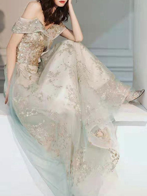 Prom Dress Mint Green Off The Shoulder A-Line Short Sleeves Lace-up Sequins Long Party Dresses