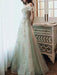 Prom Dress Mint Green Off The Shoulder A-Line Short Sleeves Lace-up Sequins Long Party Dresses