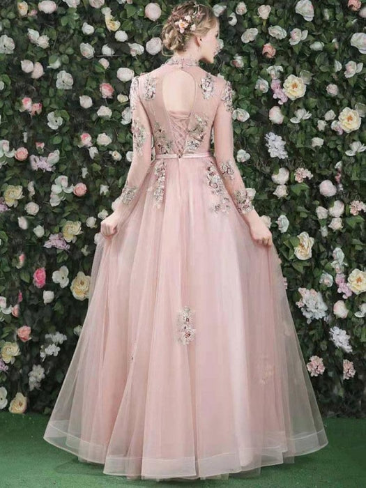 Prom Dress Pink High Collar Soft Tulle Lace A-Line Long Sleeves Lace-up Beaded Party Dresses