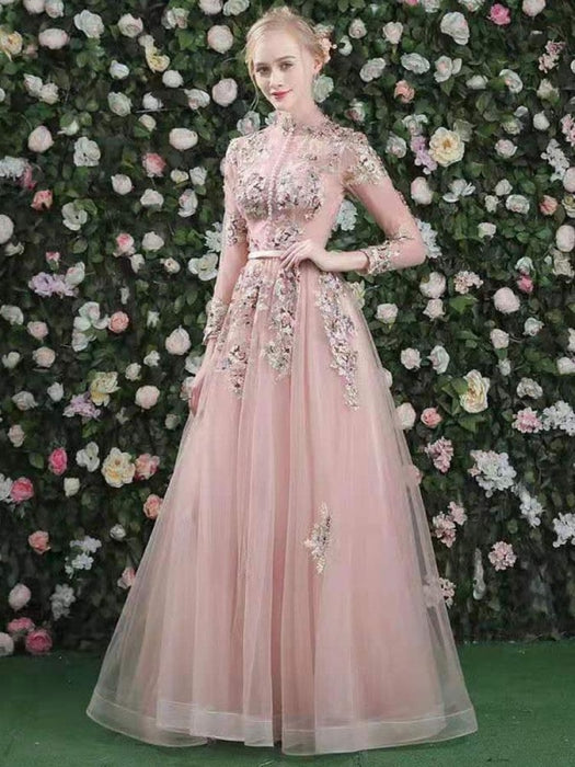 Prom Dress Pink High Collar Soft Tulle Lace A-Line Long Sleeves Lace-up Beaded Party Dresses