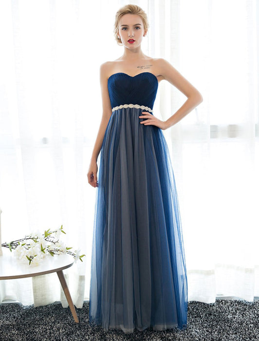 Prom Dress Strapless Dark Navy Sweetheart Neckline Long Party Dresses Beaded Sash Pleated Tulle Floor Length Evening Dress