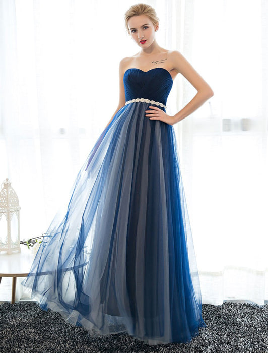 Prom Dress Strapless Dark Navy Sweetheart Neckline Long Party Dresses Beaded Sash Pleated Tulle Floor Length Evening Dress