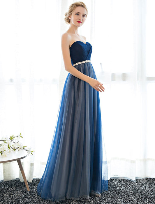 Prom Dress Strapless Dark Navy Sweetheart Neckline Long Party Dresses Beaded Sash Pleated Tulle Floor Length Evening Dress