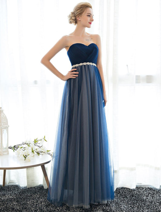 Prom Dress Strapless Dark Navy Sweetheart Neckline Long Party Dresses Beaded Sash Pleated Tulle Floor Length Evening Dress