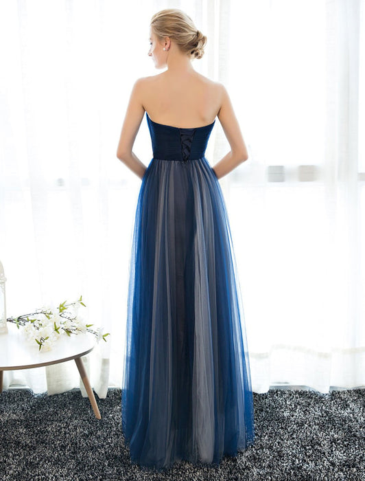 Prom Dress Strapless Dark Navy Sweetheart Neckline Long Party Dresses Beaded Sash Pleated Tulle Floor Length Evening Dress
