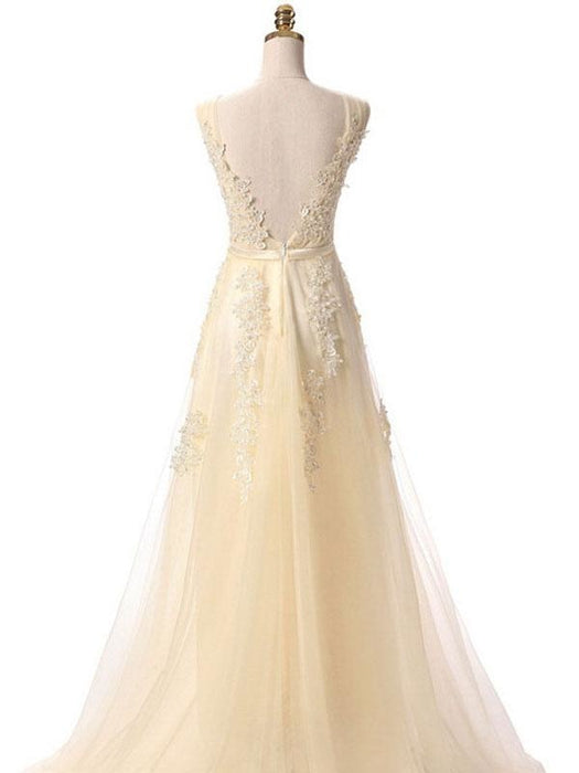 Prom Dress V Neck A Line Sleeveless Floor Length Lace Applique Party Dresses