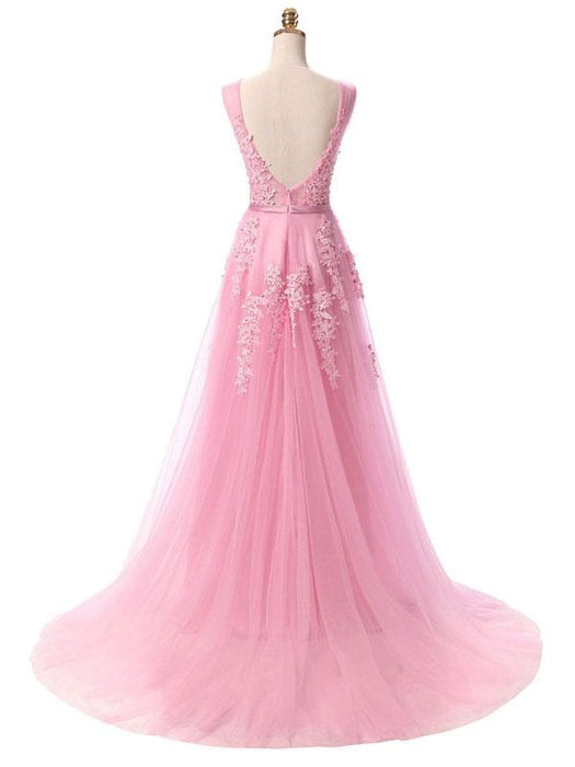 Prom Dress V Neck A Line Sleeveless Floor Length Lace Applique Party Dresses