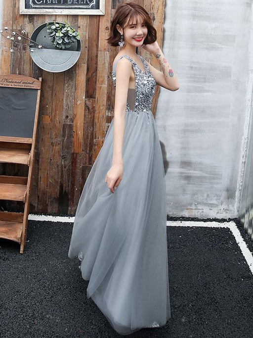 Prom Dress V Neck A Line Sleeveless Floor Length Wedding Guest Dresses