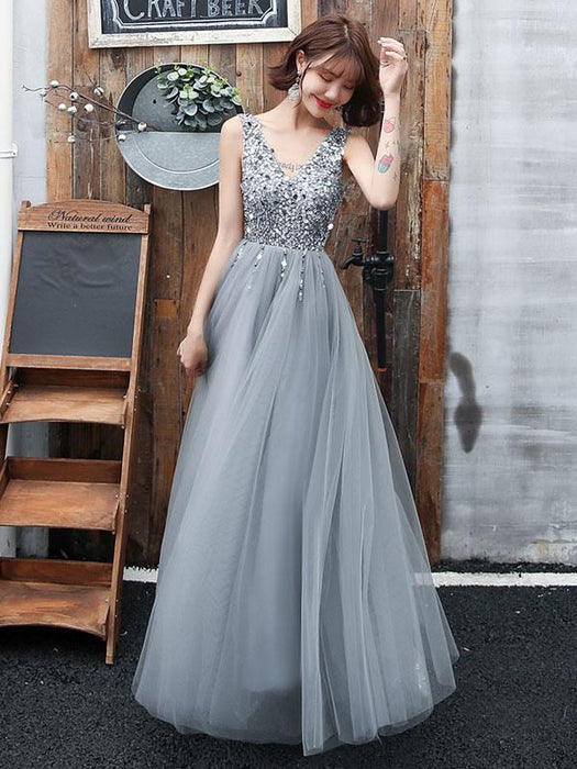 Prom Dress V Neck A Line Sleeveless Floor Length Wedding Guest Dresses
