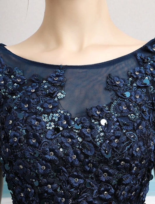Dark Navy Prom Dress Beaded Evening Gown with Open Back - Bridelily Dark Navy Prom Dress Beaded Evening Gown with Open Back - Bridelily