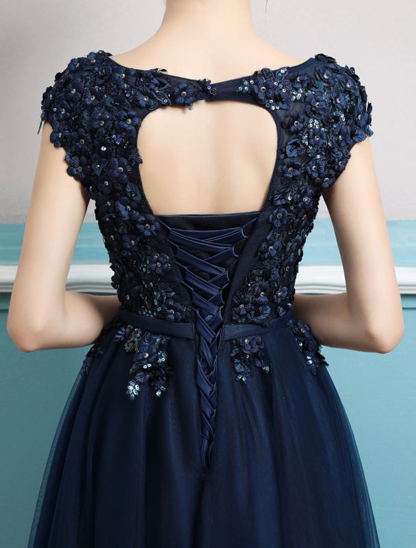 Dark Navy Prom Dress Beaded Evening Gown with Open Back