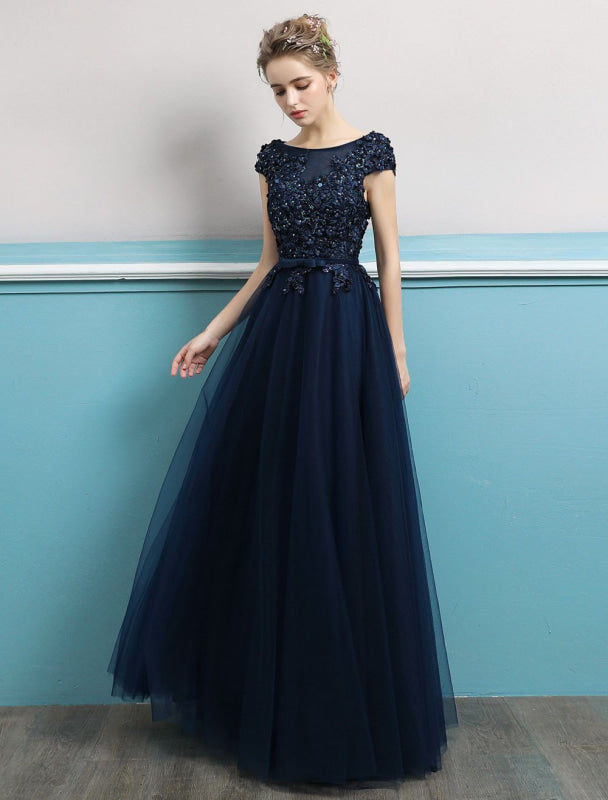 Dark Navy Prom Dress Beaded Evening Gown with Open Back - Bridelily Dark Navy Prom Dress Beaded Evening Gown with Open Back - Bridelily