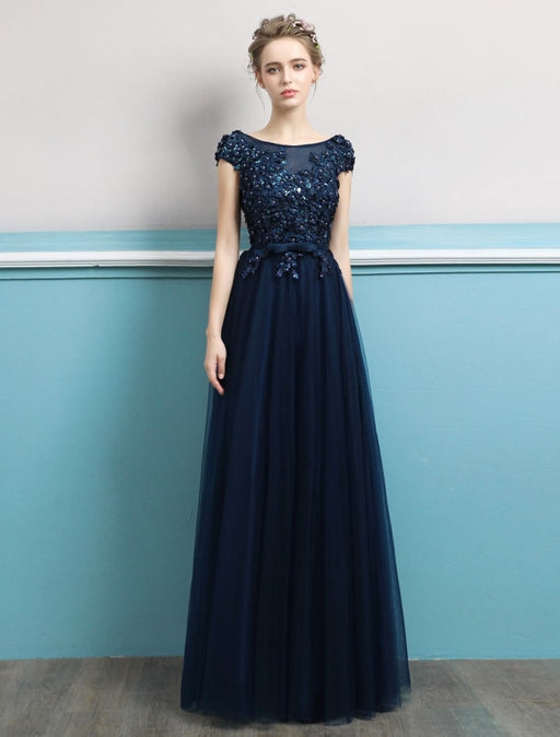 Prom Dresses 2021 Long Dark Navy Evening Dress Jewel Neck Open Back Sequin Flowers Beaded Tulle Floor Length Formal Gowns